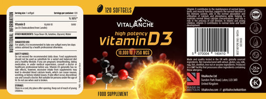 VitalAnche High Potency Vitamin D3 10,000 IU / 250 mcg (120 Softgels)